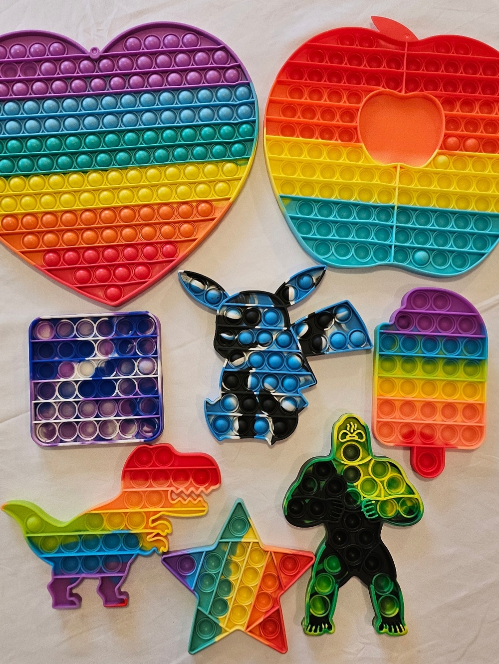 Lot of 7 Pop It Fidget Sensory Toys - Heart, Dinosaur, Star, Pikachu